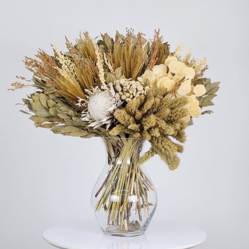 Dried Flowers Arrangement Single Face Rare  Protea King Neutral + Glass Vase