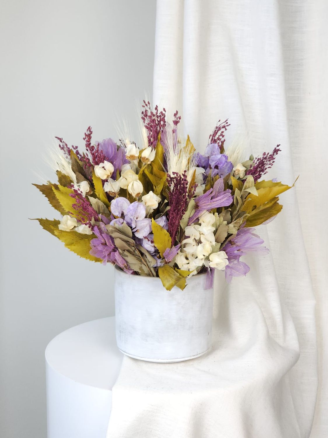 Dried Flowers Arrangement Centerpiece Field Lilac And Wine + Vase In Cement