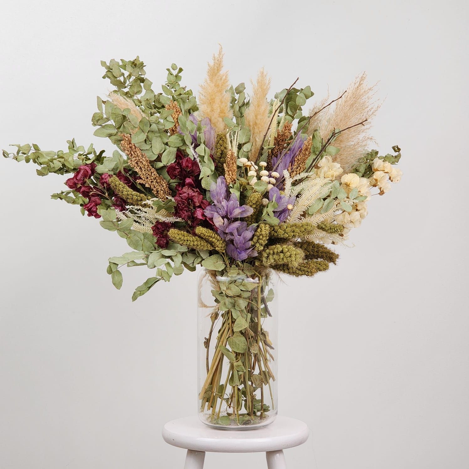 Dried Flowers Single Face Petit Jardin L&#39;hiver Arrangement + Glass  Vase