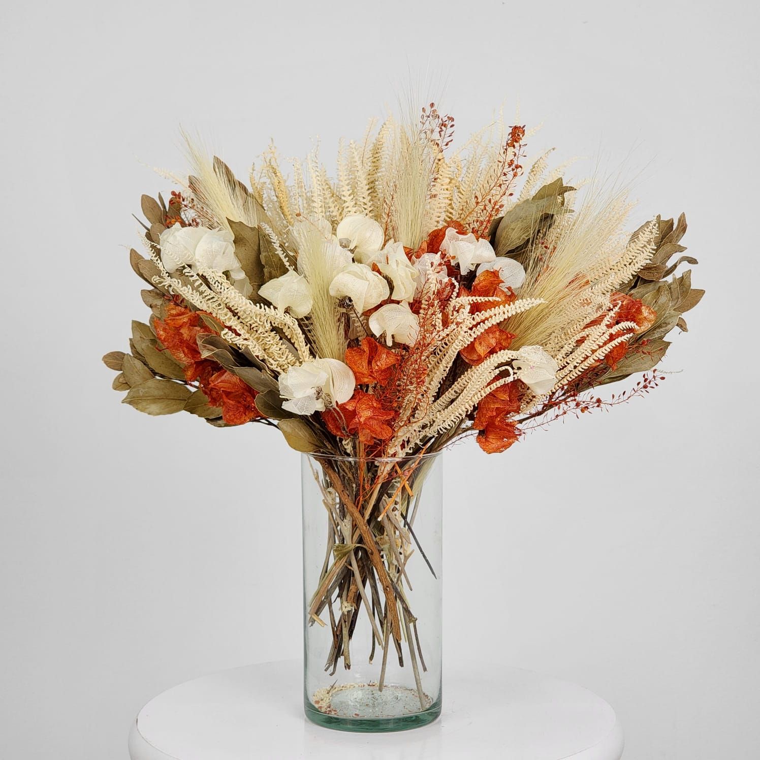 Dried Flowers Single Face Dengo Arrangement Orange  + Clear Glass Vase