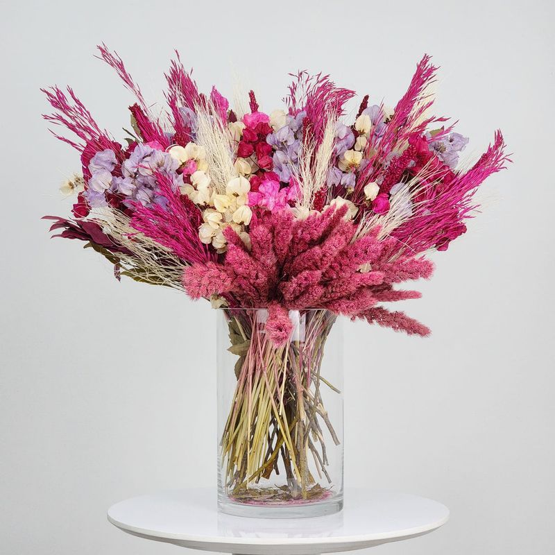 Dried Flowers Arrangement Single Face Spring Harvest Seasons + Glass  Vase