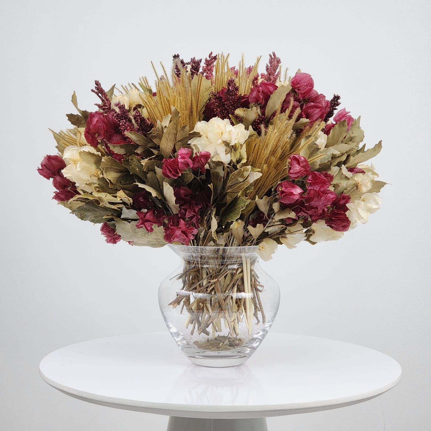 Dried Flowers Arrangement Classic Centerpiece Bougainvillea And Sorghum + Glass  Vase