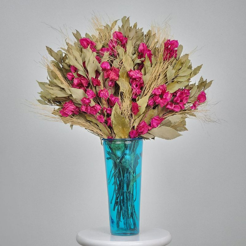 Dried Flowers Arrangement Single Face Special Dark Pink + Blue Affection Vase