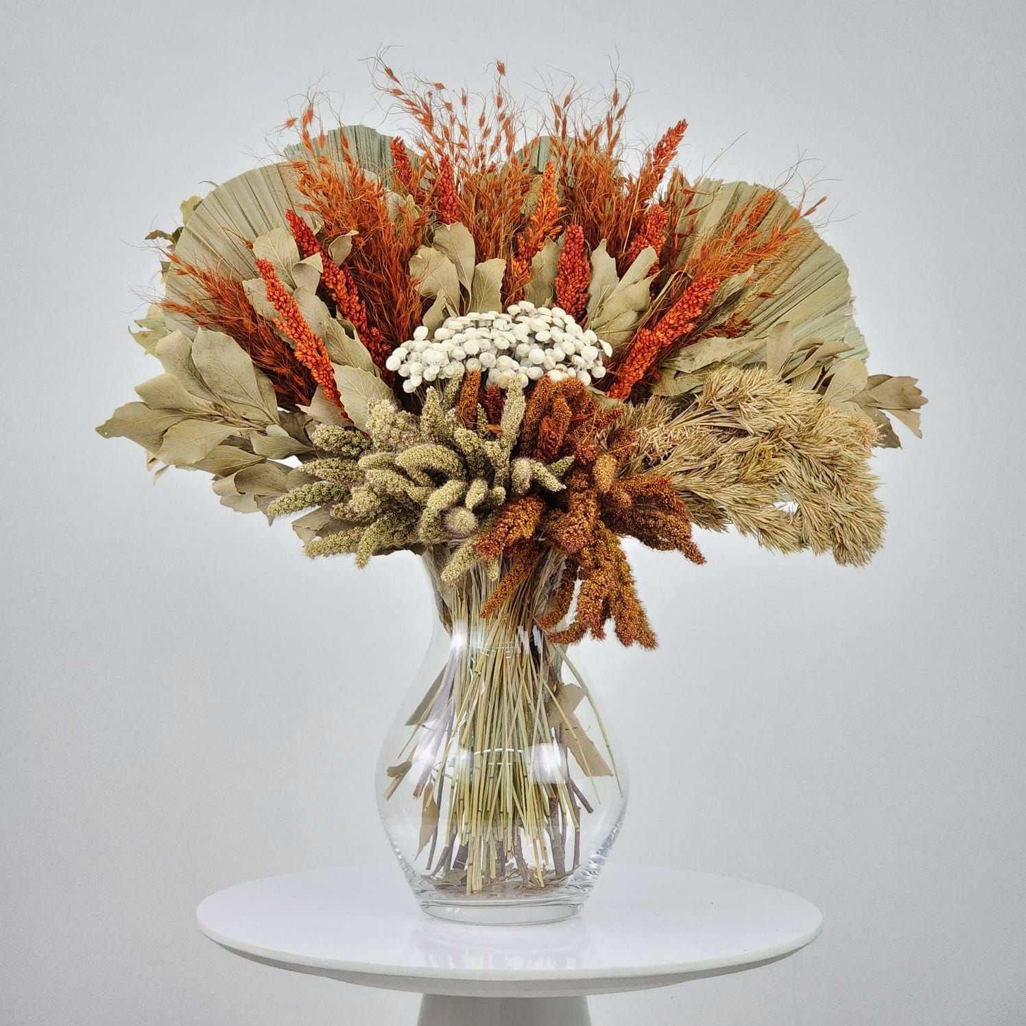 Dried Flowers Arrangement Single Face Classic White Button And Fan Palm + Glass  Vase