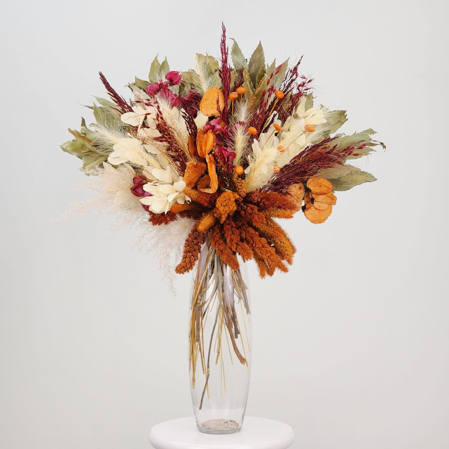 Dried Flowers Arrangement Single Face Petit Jardin Le Magnifique +  Glass Vase