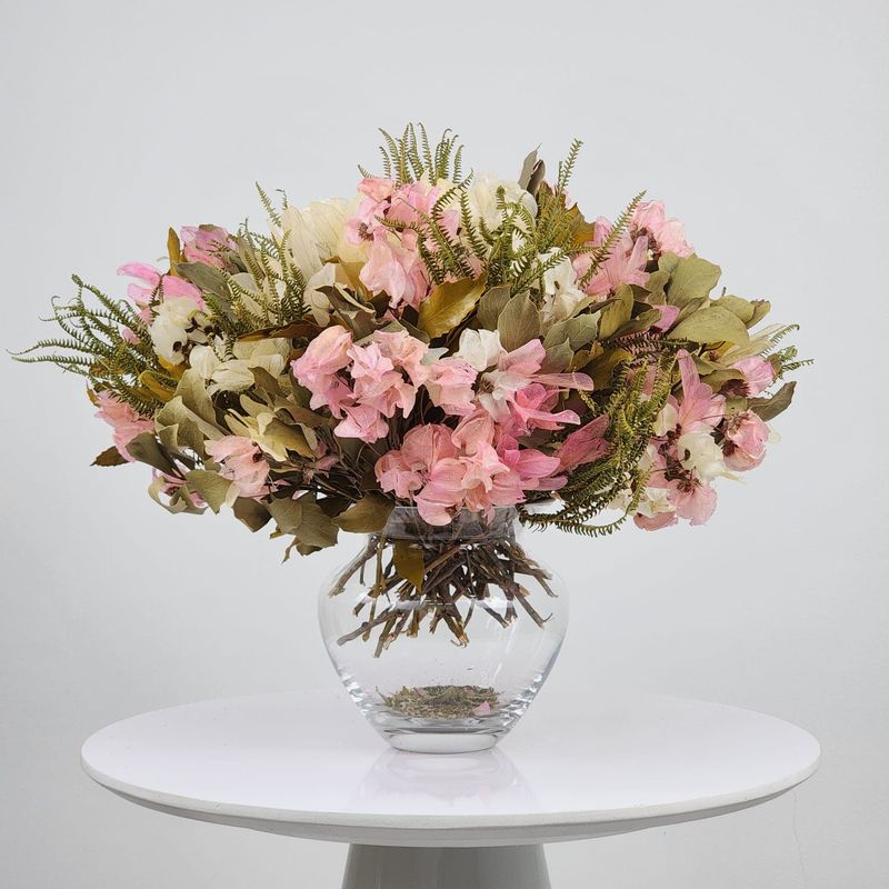 Dried Flowers Arrangement Classic Table Center Fern And Bougainvillea +  Glass Vase