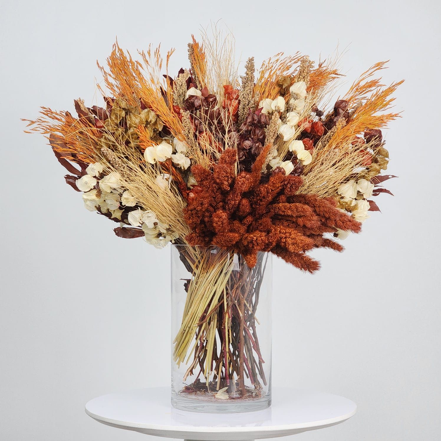 Dried Flowers Arrangement Single Face Autumn Harvest Seasons + Glass  Vase