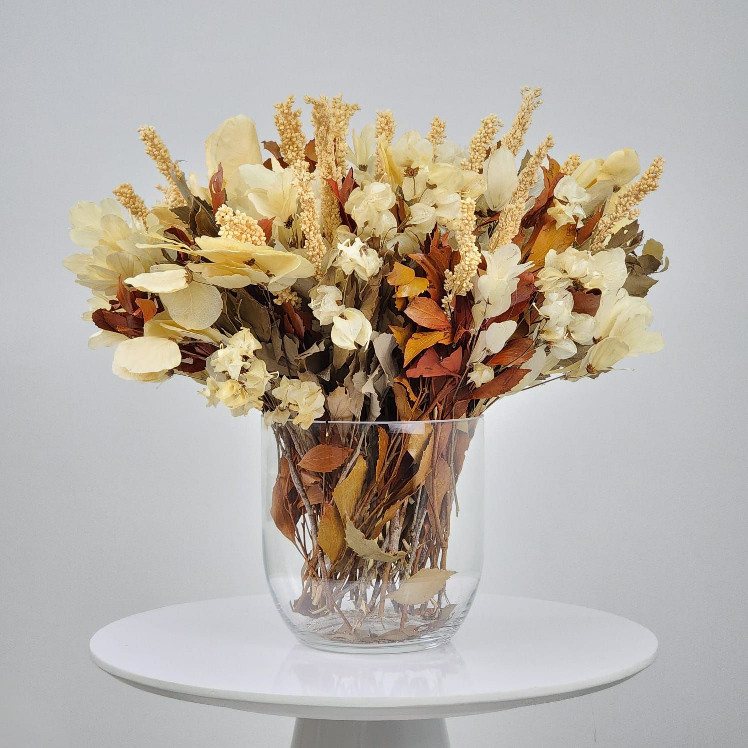 Dried Flowers Arrangement Classic Centerpiece Bouganvillea And Coin Leaf + Glass  Vase