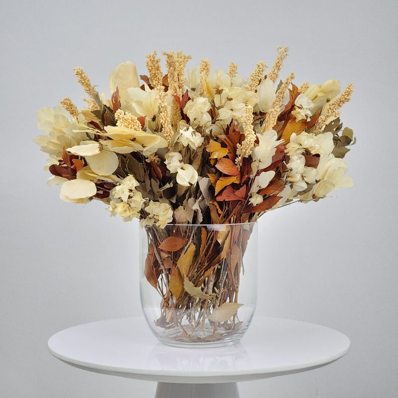 Dried Flowers Arrangement Classic Centerpiece Bouganvillea And Coin Leaf + Glass  Vase