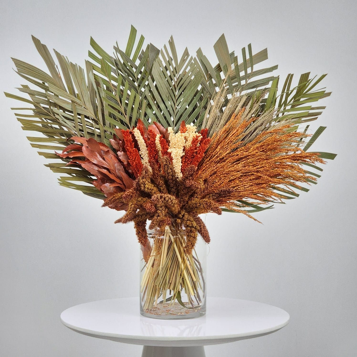 Dried Flowers Arrangement Single Face Classic Orange Palmeiras + Vase In  Glass