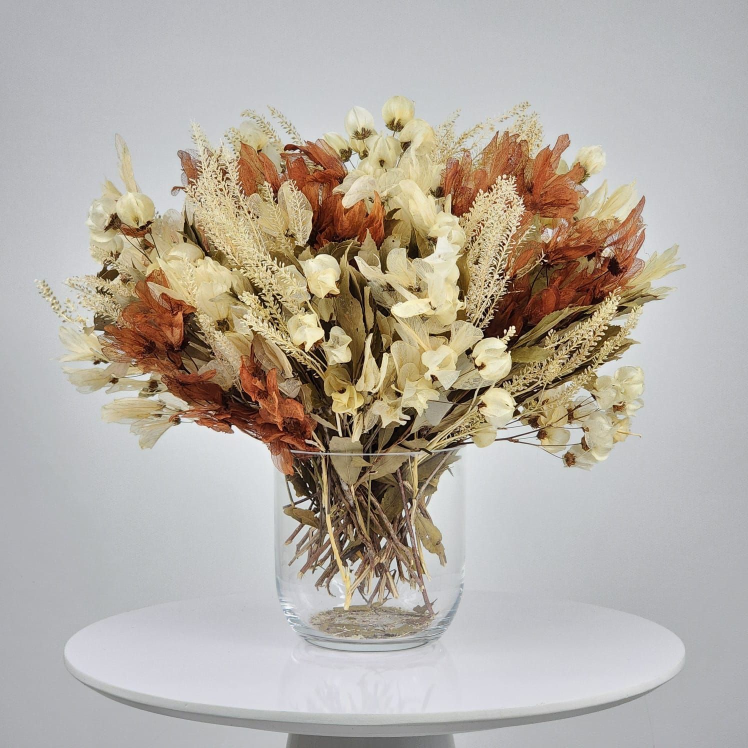 Dried Flowers Arrangement Classic Dragonflies Neutral Centerpiece +  Glass Vase