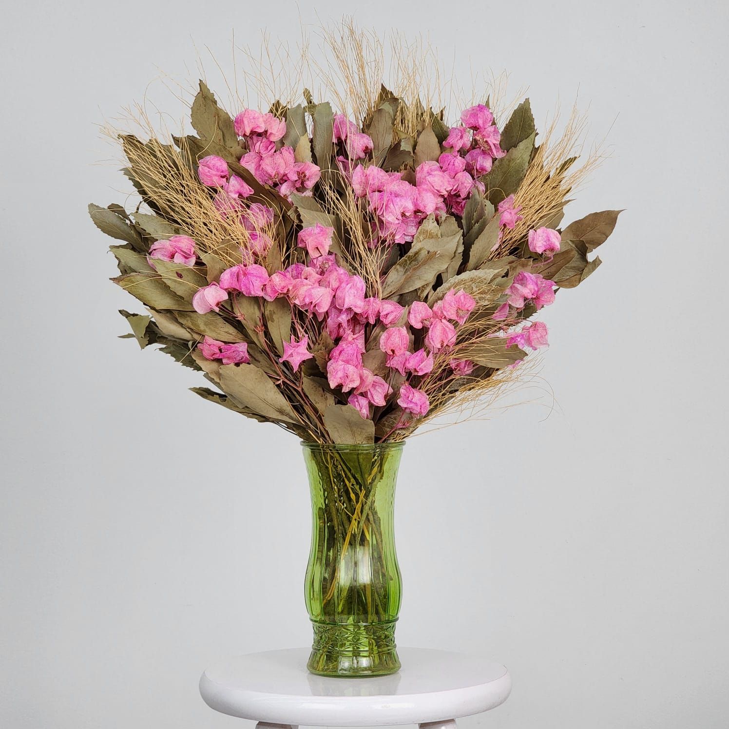 Dried Flowers Arrangement Single Face Special Light Pink + Green Love Glass