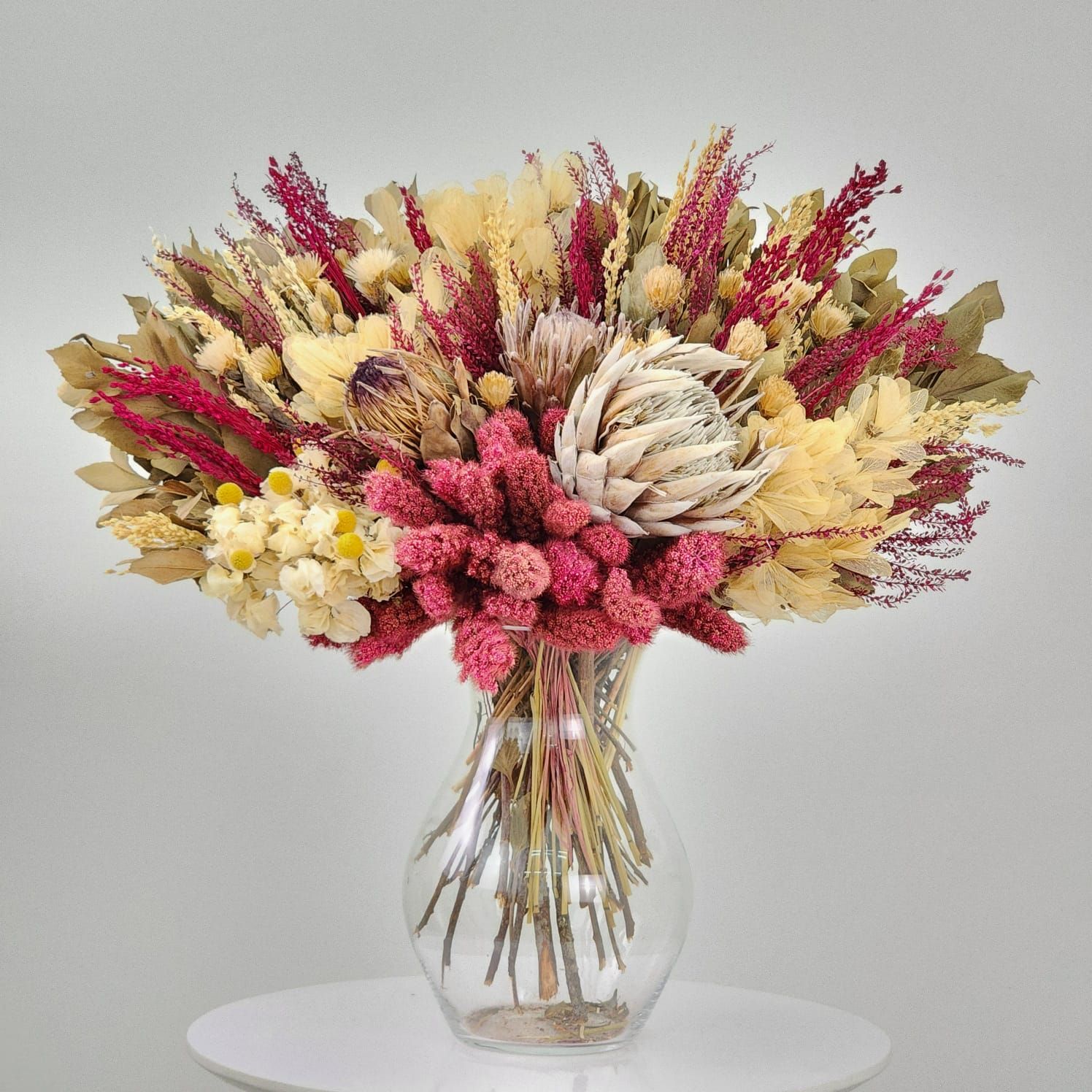 Dried Flowers Arrangement Single Face Rare  Special Selection + Glass  Vase