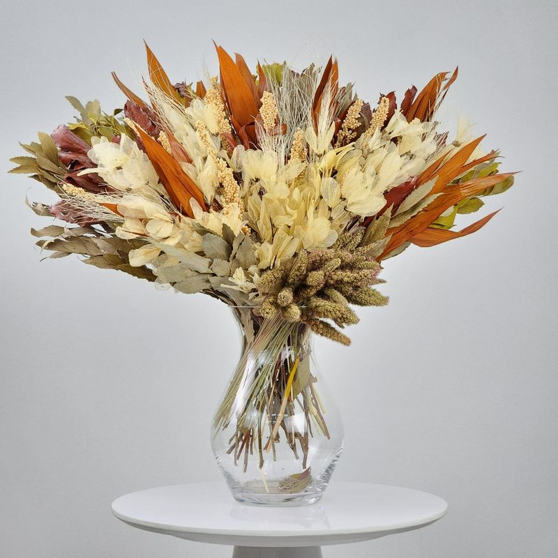 Dried Flowers Arrangement Single Face Classic Bamboo And Dragonfly + Glass  Vase
