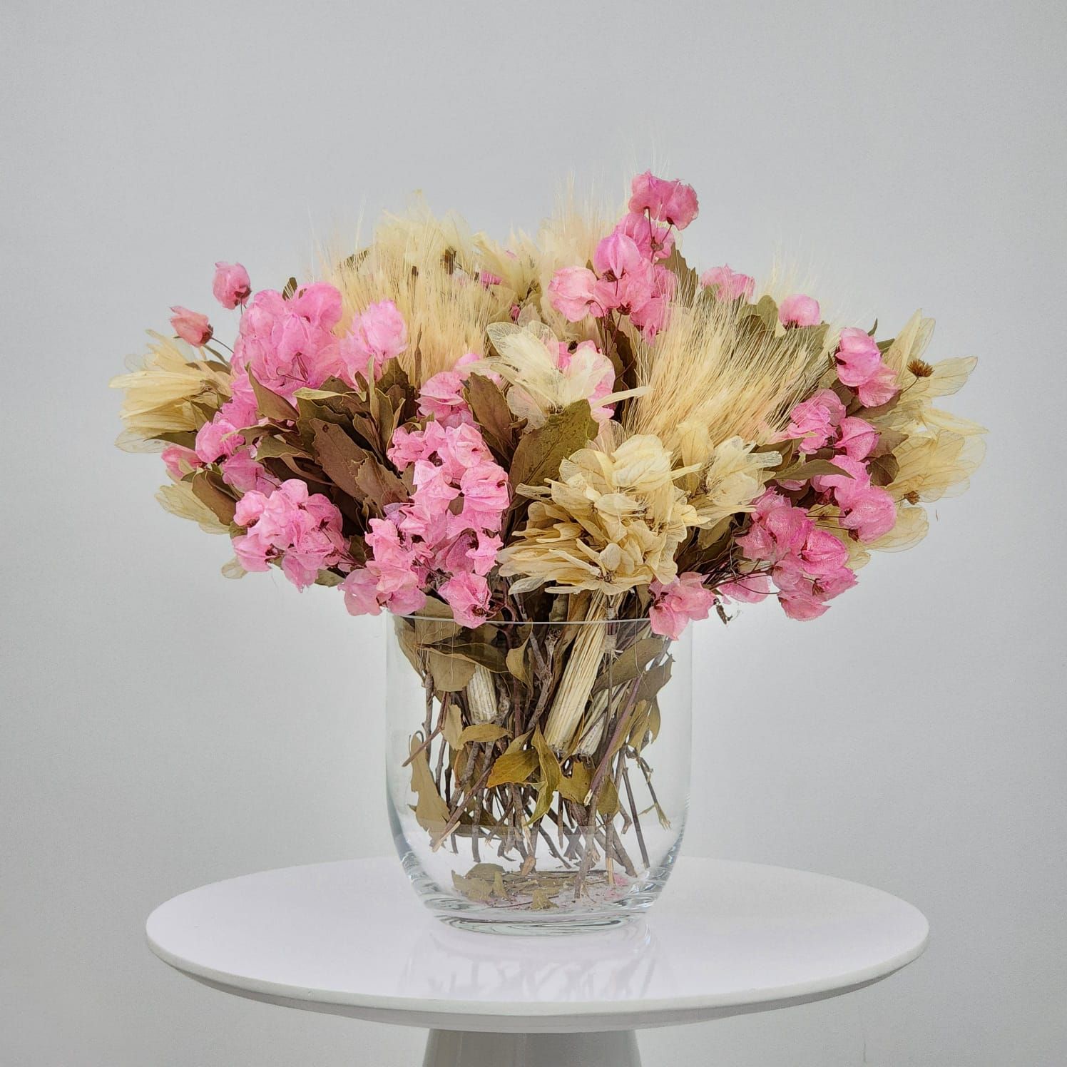 Dried Flowers Arrangement Classic Wheat And Bougainvillea Centerpiece +  Glass Vase