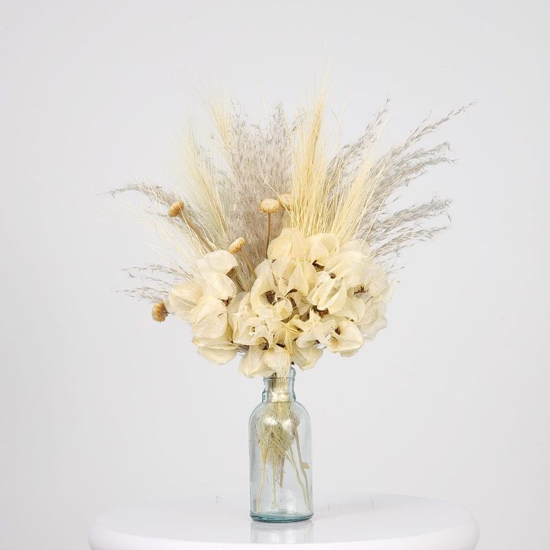 Dried Flowers Arrangement Single Face Delicacy Plume Arrangement With White  + Small Colorless Vase