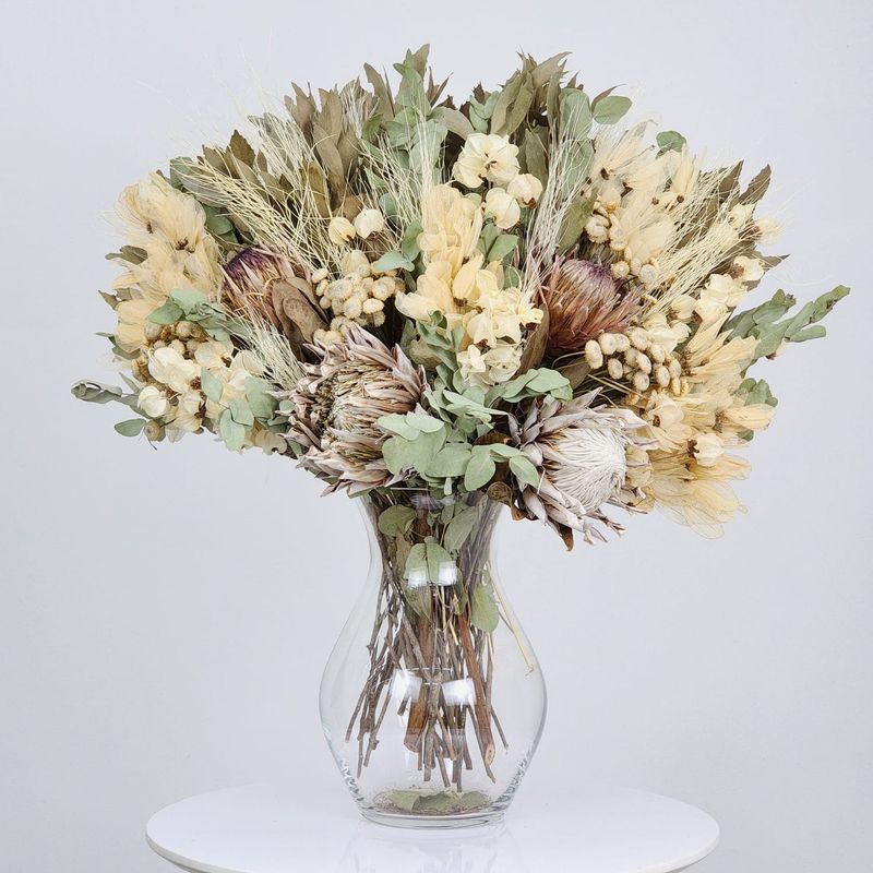 Dried Flowers Arrangement Single Face Rare  Trio Of Proteas + Glass  Vase
