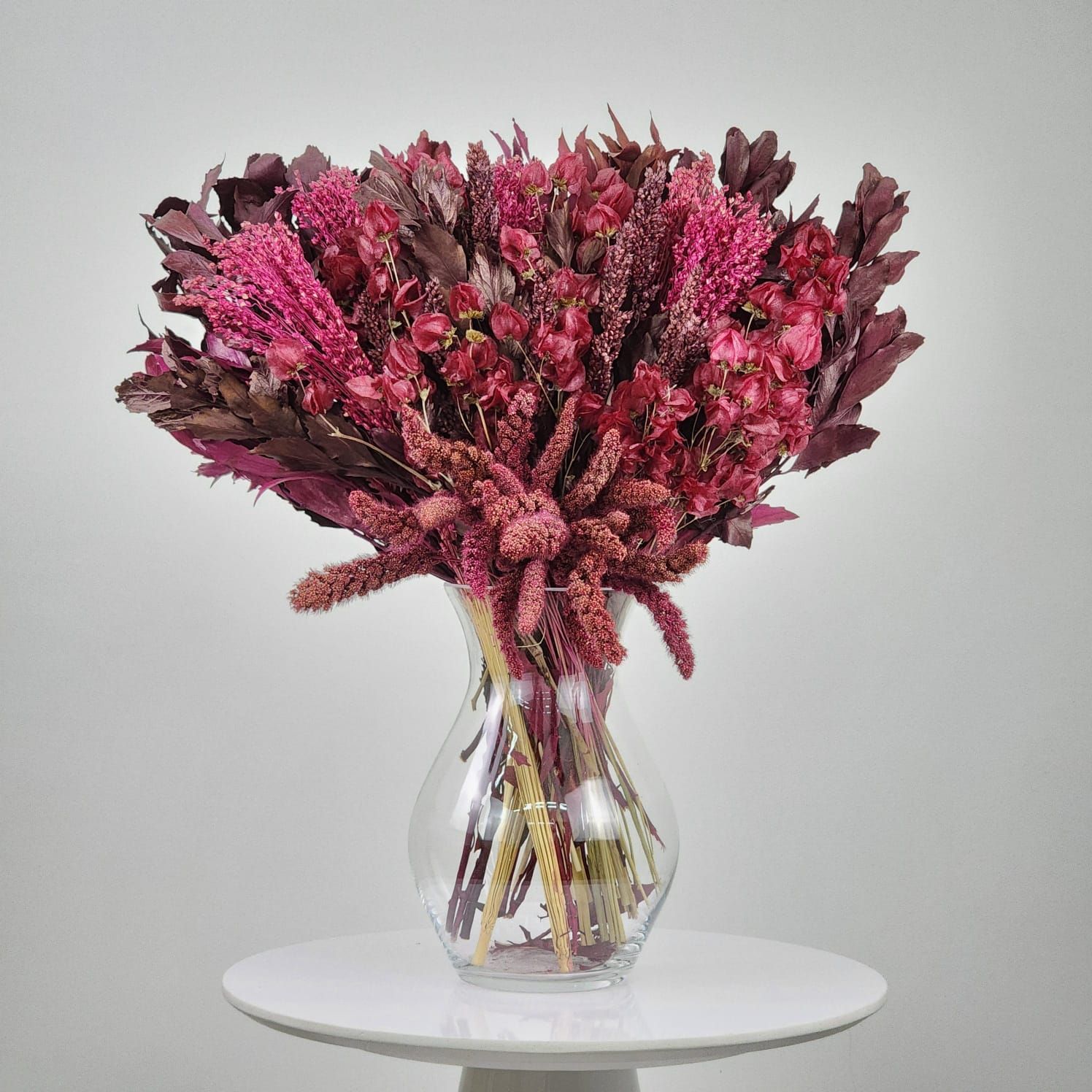 Dried Flowers Arrangement Single Face Classic Bougainvillea And Chinese Wheat + Glass Vase