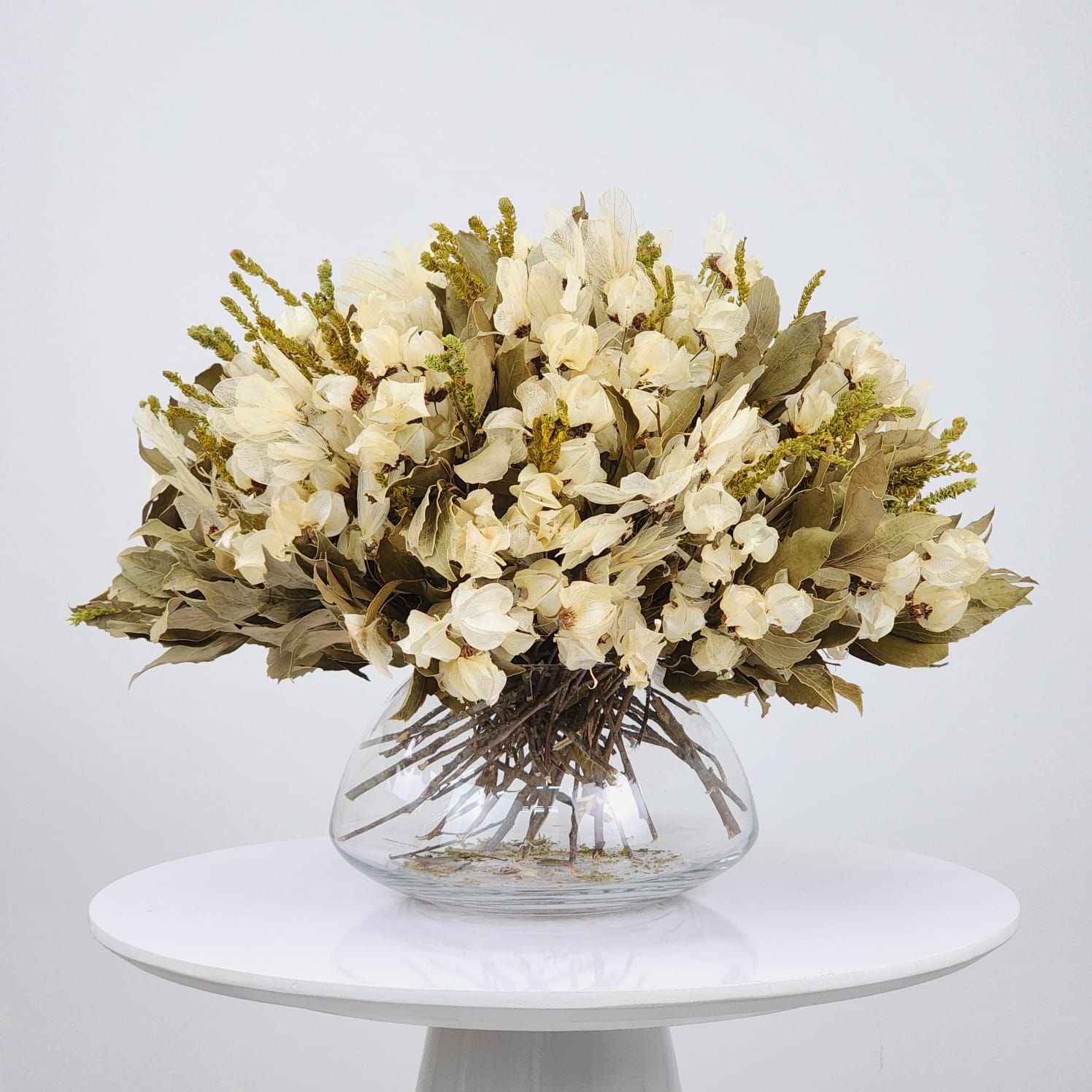 Dried Flowers Arrangement Classic Centerpiece Bougainvilleas Neutral + Glass  Vase G