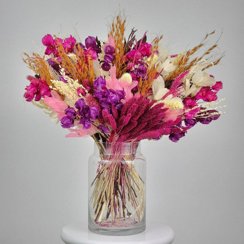Single Face Dried Flowers Arrangement Petit Jardin Explosion De Fleurs +  Glass Vase