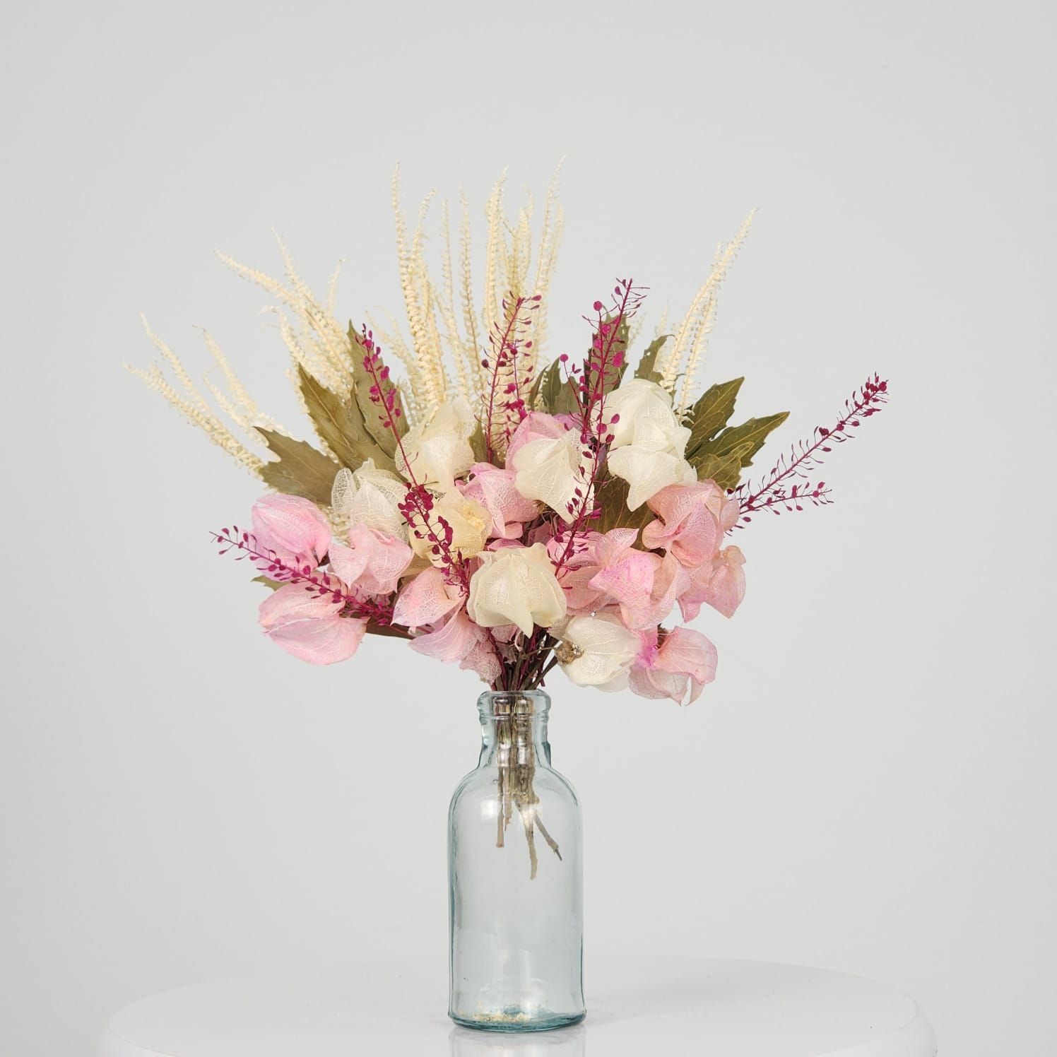 Dried Flowers Arrangement Single Face Delicacy Fern And Rosy  + Small Colorless Vase