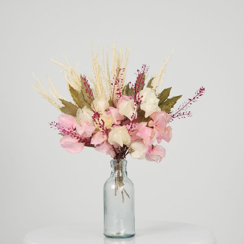 Dried Flowers Arrangement Single Face Delicacy Fern And Rosy  + Small Colorless Vase