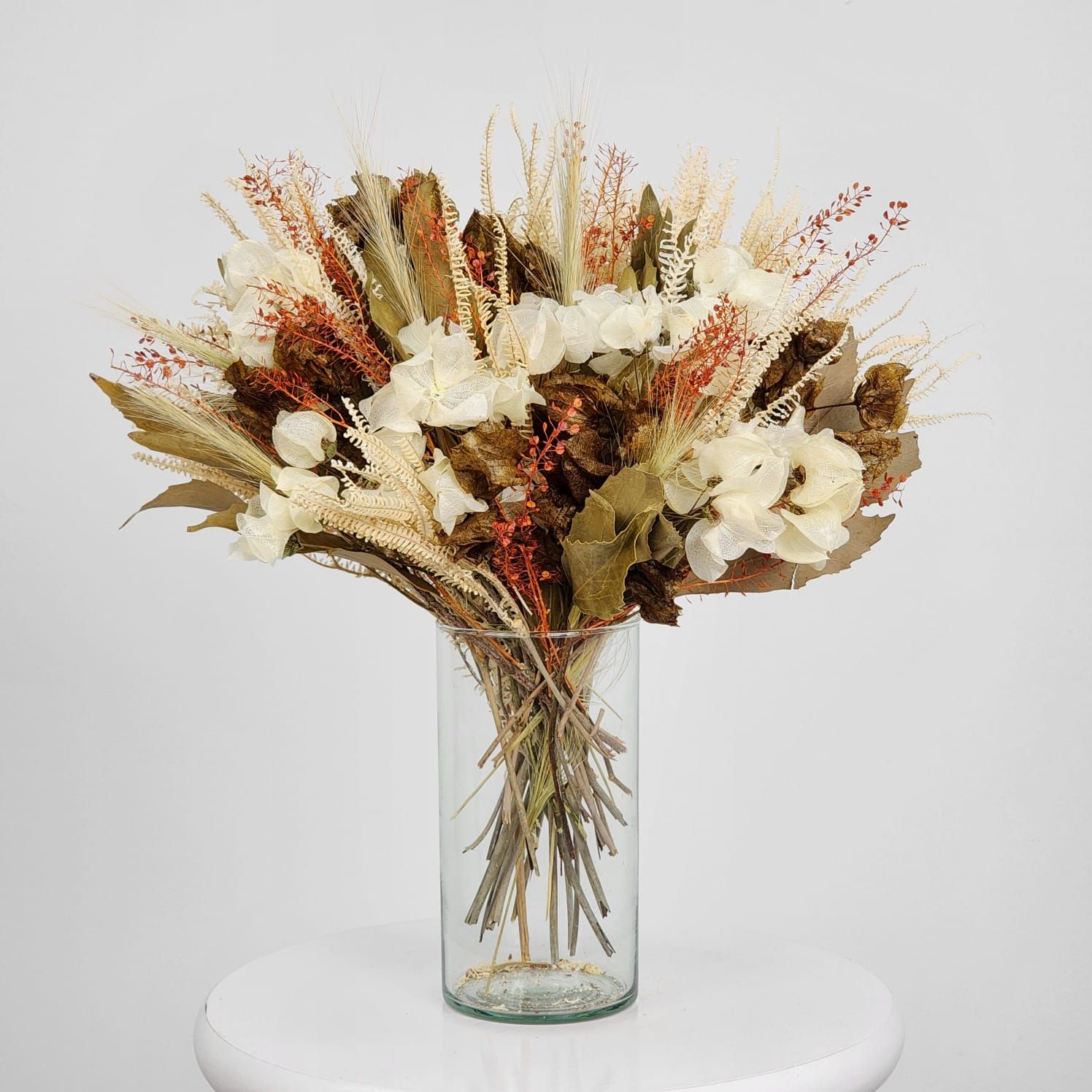 Dried Flowers Arrangement Single Face Dengo  Ochre  + Vase In Clear Glass