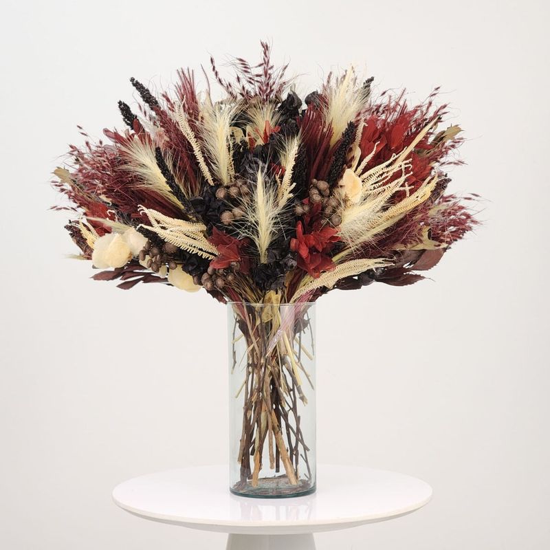 Dried Flowers  Arrangement Single Face Mineral Black Quartz + Colorless Glass