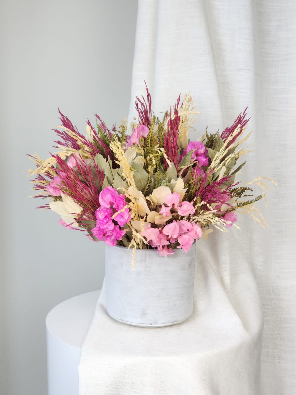 Dried Flowers Arrangement Centerpiece Field Pink And Straw + Vase In Cement