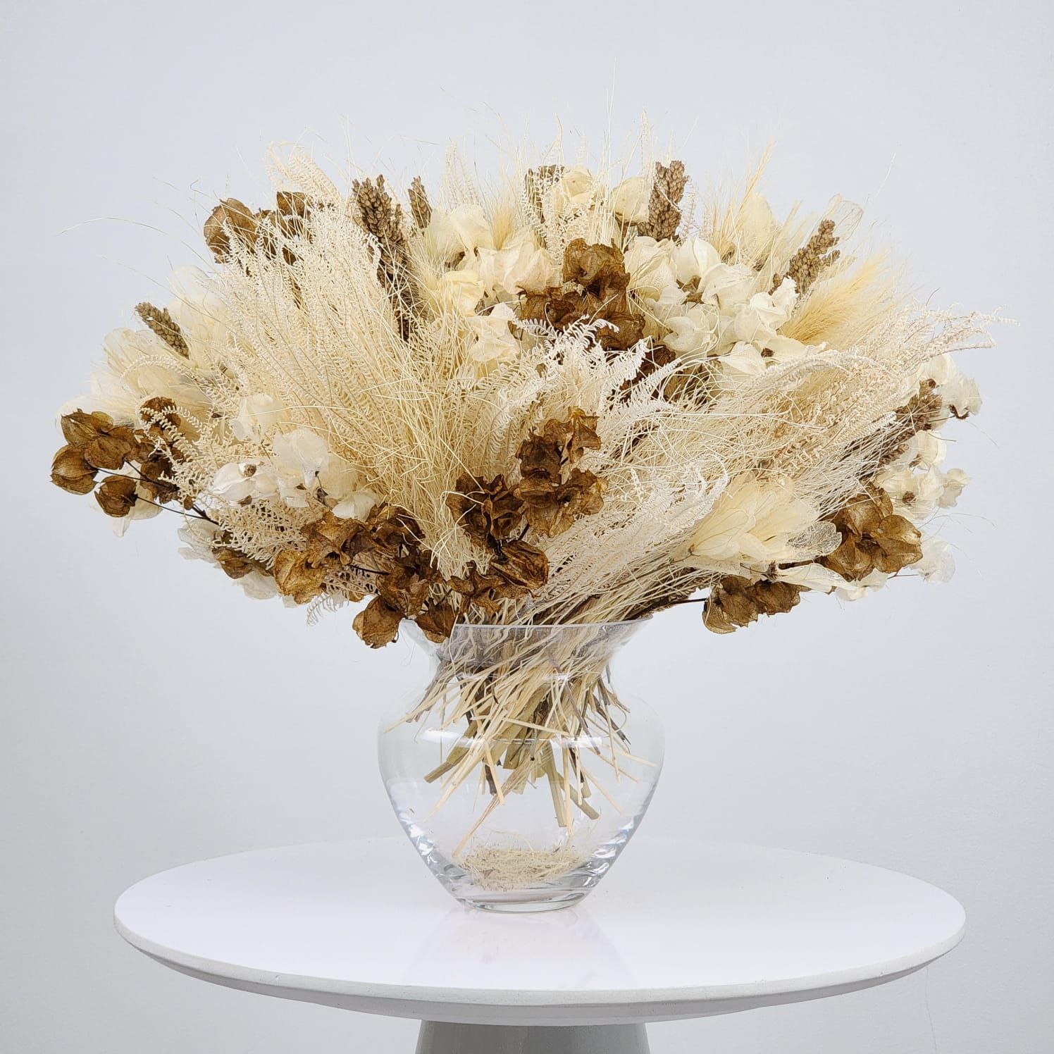 Dried Flowers Arrangement Classic Asparagus And Bougainvillea Centerpiece +  Glass Vase