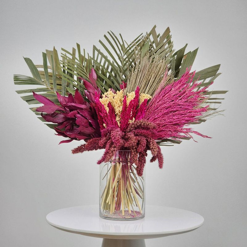 Dried Flowers Arrangement Single Face Classic Pink Palm Trees + Vase In  Glass