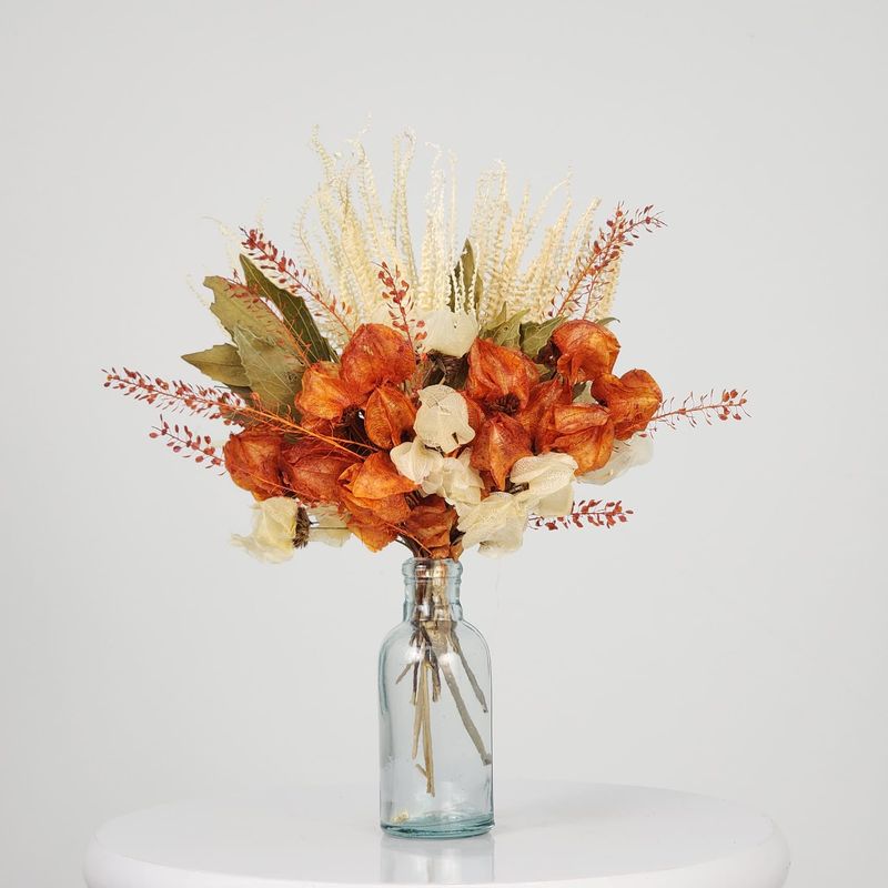 Dried Flowers Single Face Arrangement Delicacy Fern And Orange  + Small Colorless Vase