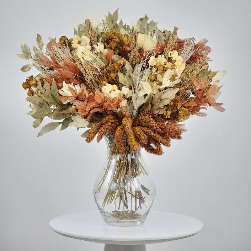 Dried Flowers Arrangement Single Face Classic Bougainvillea And Dragonfly + Glass  Vase