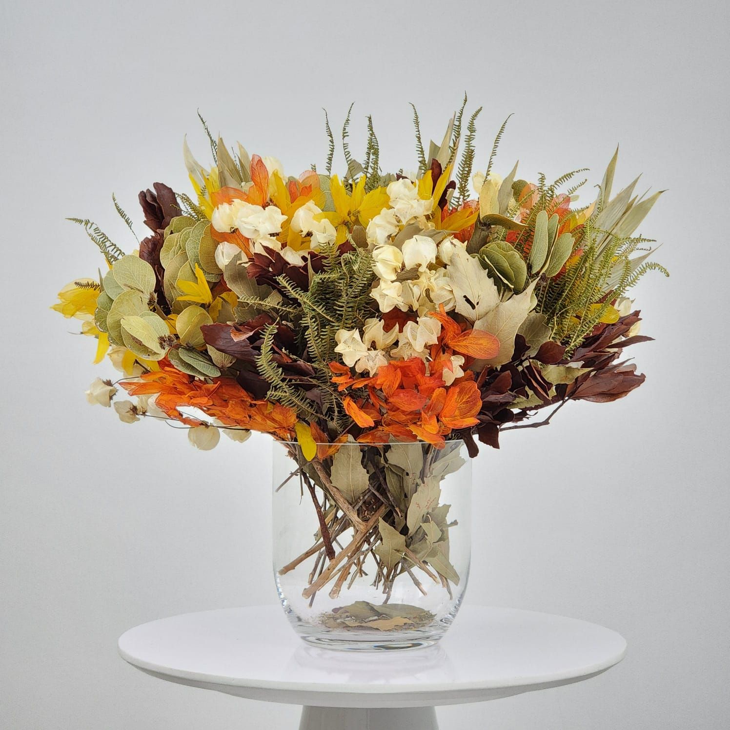 Dried Flowers Arrangement Classic Centerpiece Bougainvillea And Bamboo + Glass  Vase