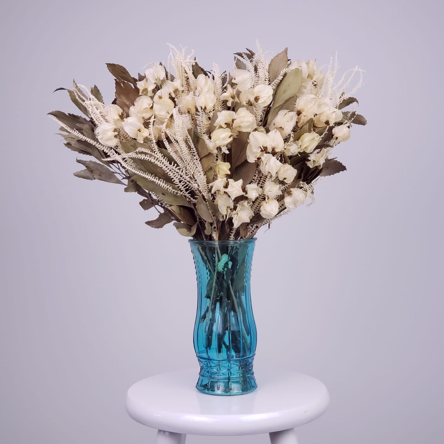 Peculiar Flora Dried Flowers Arrangement + Blue Glass