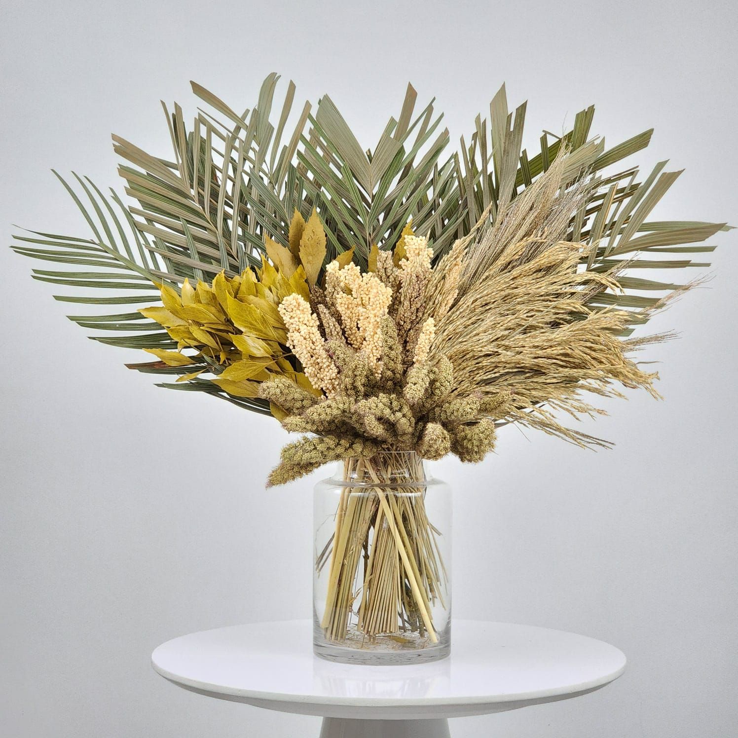 Dried Flowers Arrangement Single Face Classic Palmeiras Neutral + Glass  Vase