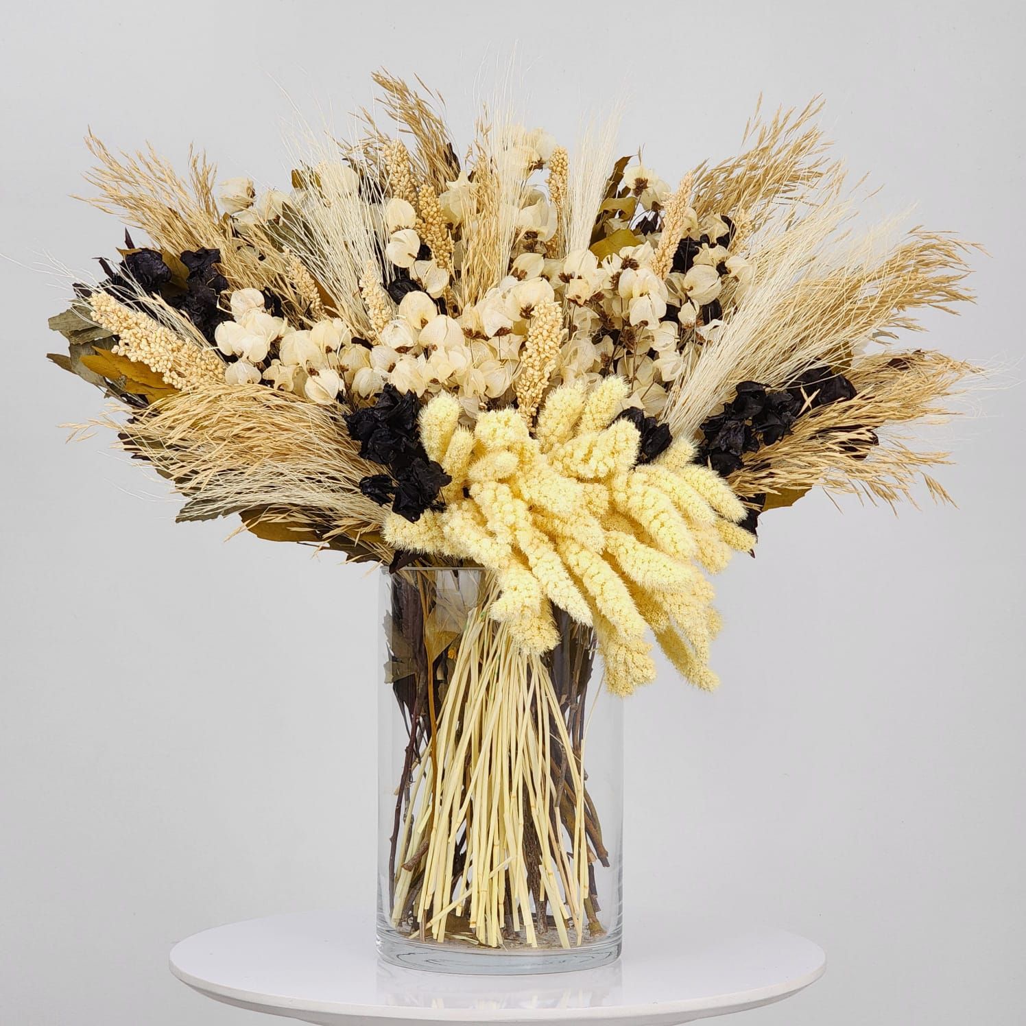Dried Flowers Arrangement Single Face Winter Harvest Seasons + Glass  Vase