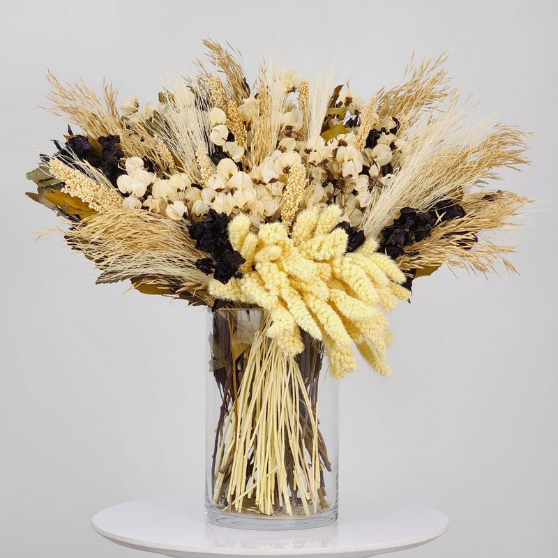 Dried Flowers Arrangement Single Face Winter Harvest Seasons + Glass  Vase