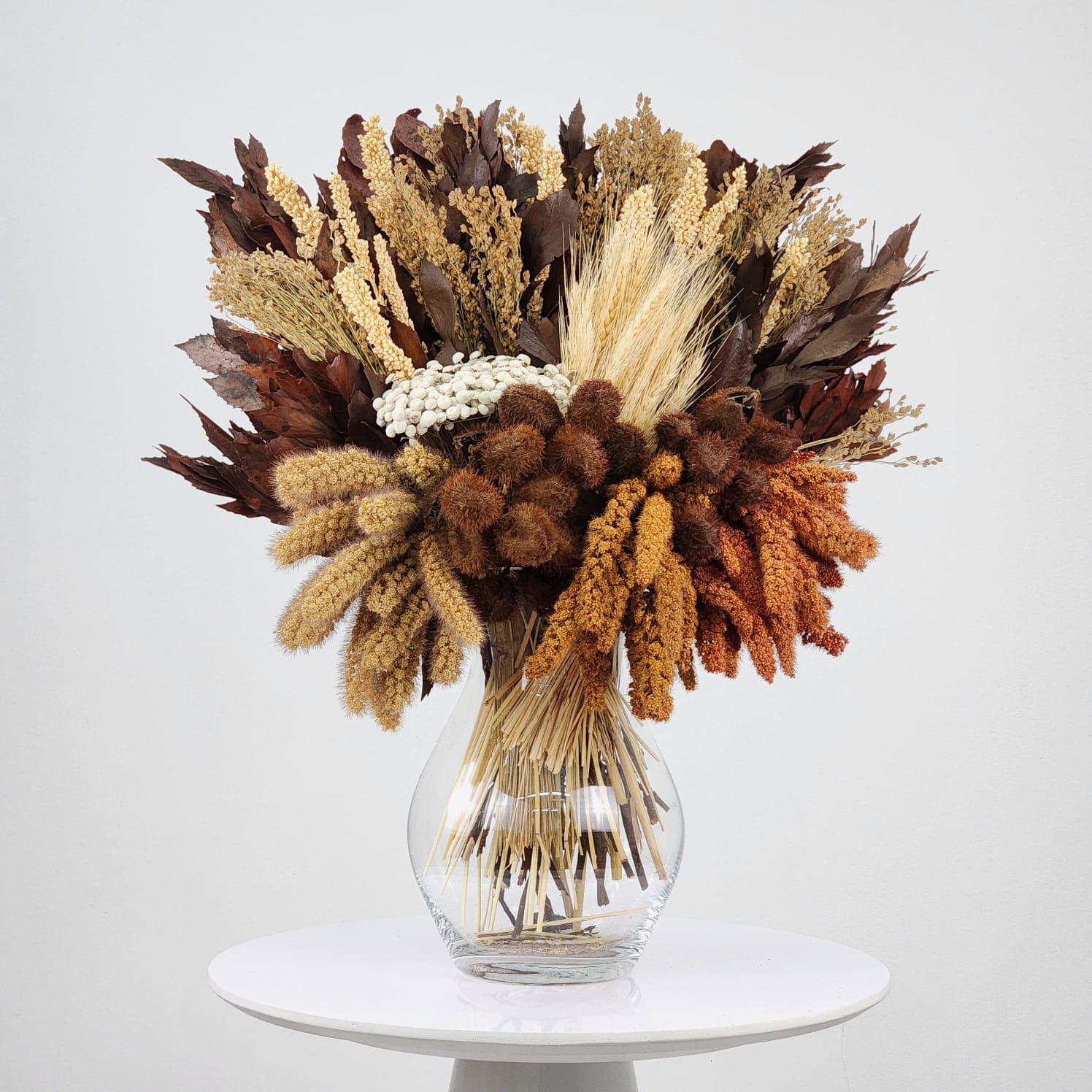 Dried Flowers Arrangement Single Face Classic Annatto And Chinese Wheat + Glass Vase