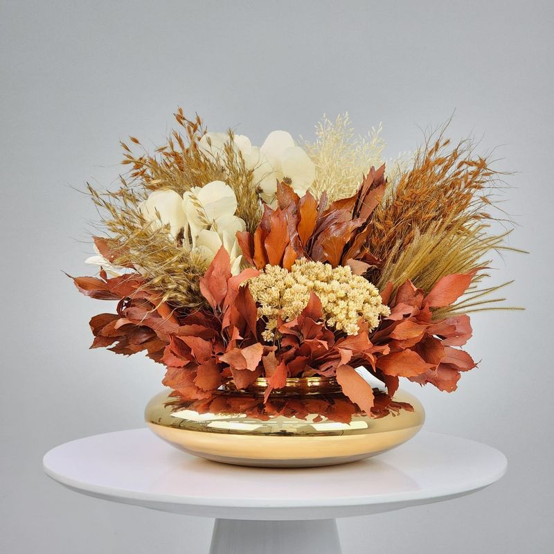 Dried Flowers Arrangement Centers + Dark Golden Vase
