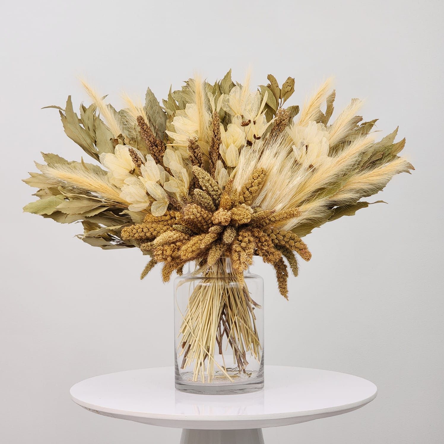 Dried Flowers Arrangement Single Face Classic Neutral Oak + Glass  Vase