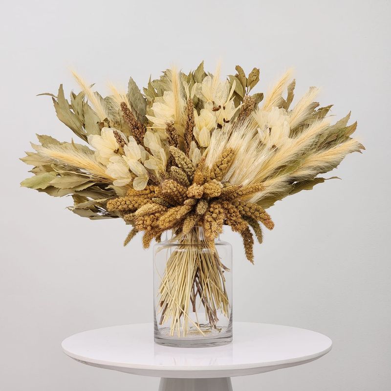 Dried Flowers Arrangement Single Face Classic Neutral Oak + Glass  Vase