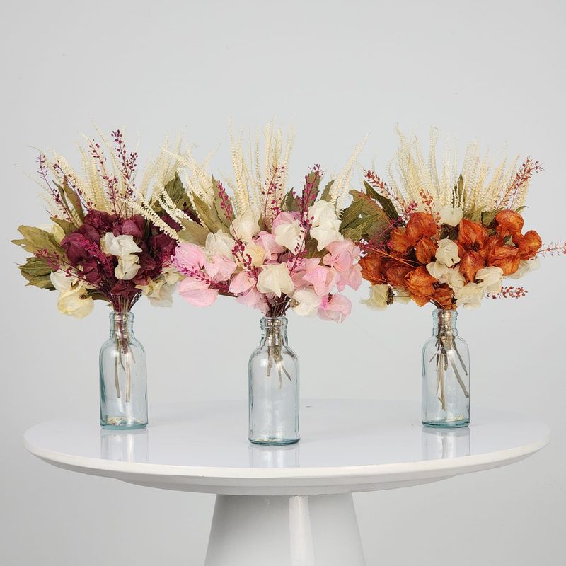 Trio Of Dried Flowers Arrangements Single Faces Delicacy Of Ferns And Bougainvilleas + Small Colorless Vases