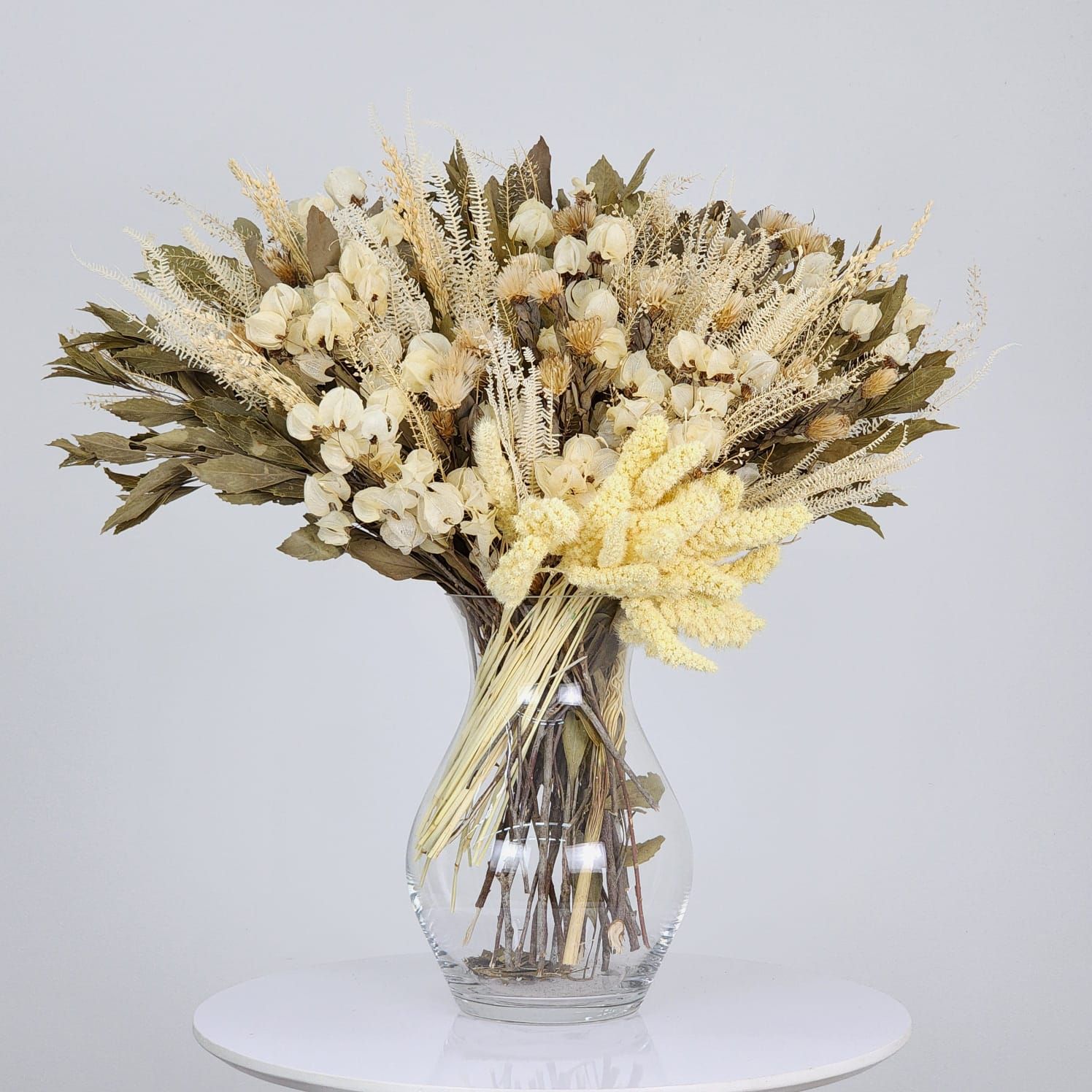 Dried Flowers Arrangement Single Face Rare  Mini Proteas + Glass Vase