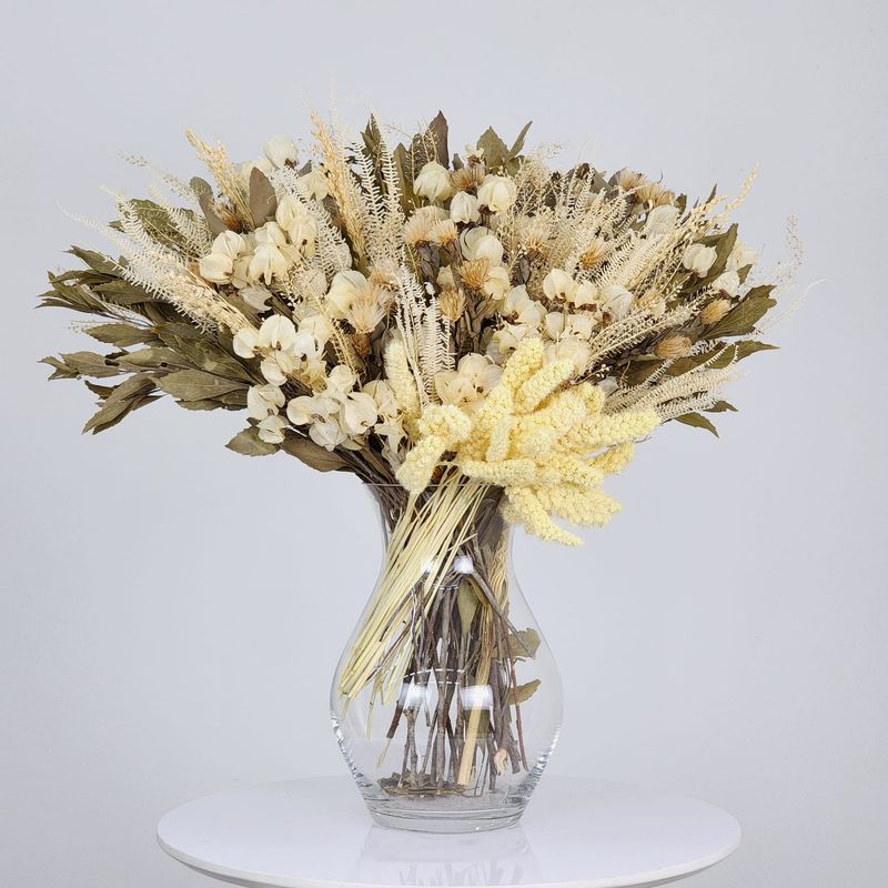 Dried Flowers Arrangement Single Face Rare  Mini Proteas + Glass Vase