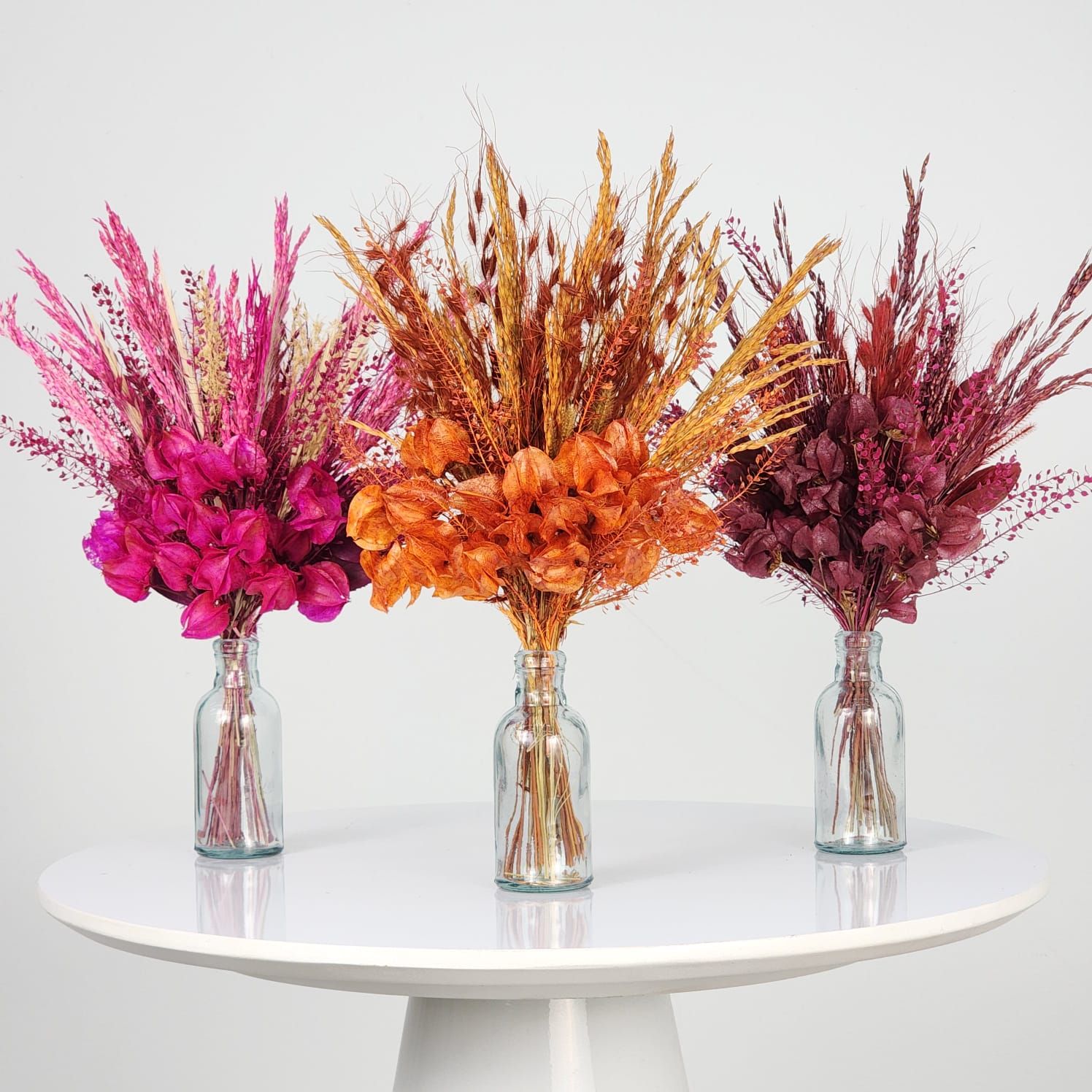 Trio Of Dried Flowers Arrangements Single Faces Delicacy Monochromatic + Small Colorless Vases