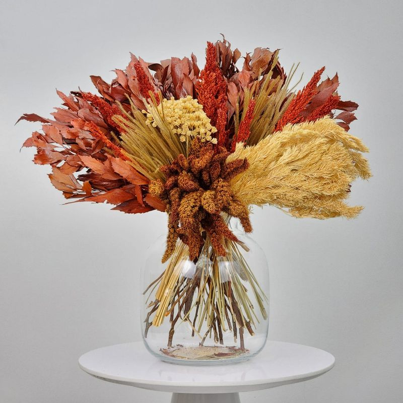 Dried Flowers Arrangement Single Face Classic Monochromatic Orange + Vase In  Glass