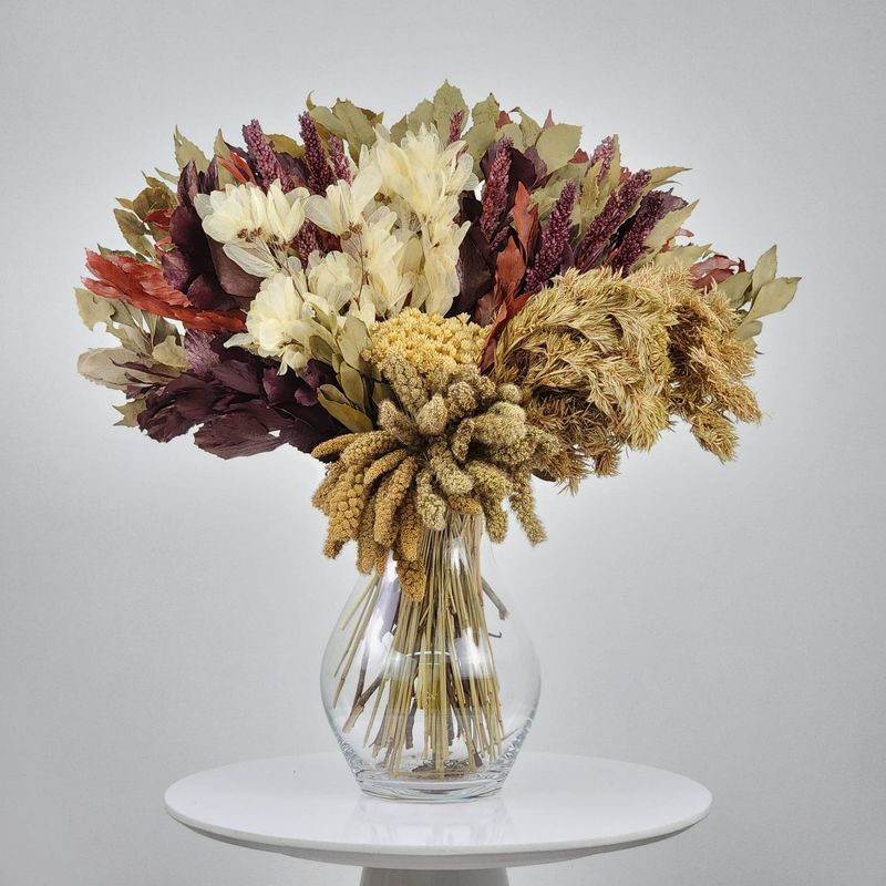 Dried Flowers Arrangement Single Face Classic Sorghum And Nose Spike + Glass  Vase