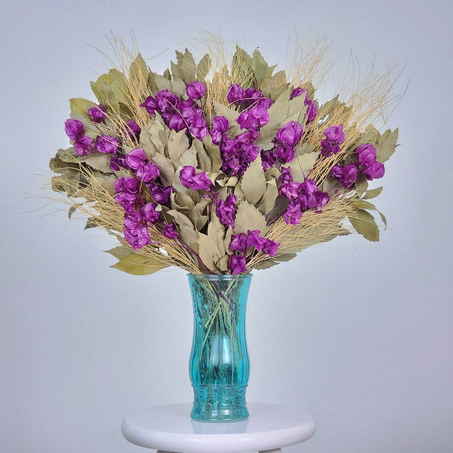 Dried Flowers Arrangement  Single Face Special Marsala + Blue Love Glass