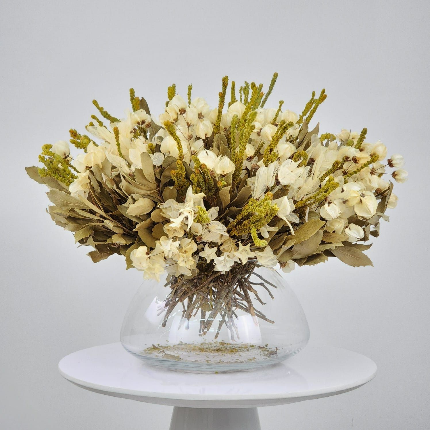 Dried Flowers Arrangement Classic Bougainvilleas Neutral Centerpiece + Glass  Vase Gg